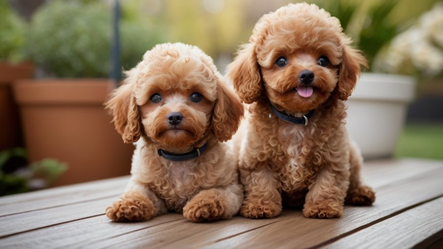 Two small, curly-haired puppies sit side by side on a wooden deck. One puppy looks at the camera with a curious expression, while the other has its tongue playfully sticking out. Both dogs, from one of the best toy poodle breeders, are wearing blue collars. Potted plants are visible in the blurred background.