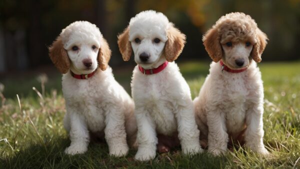 Three curly-haired standard parti poodle puppies sit in a row on the grass. The puppies, wearing red collars, appear attentive and curious, with foliage blurred in the background, creating a serene outdoor setting.