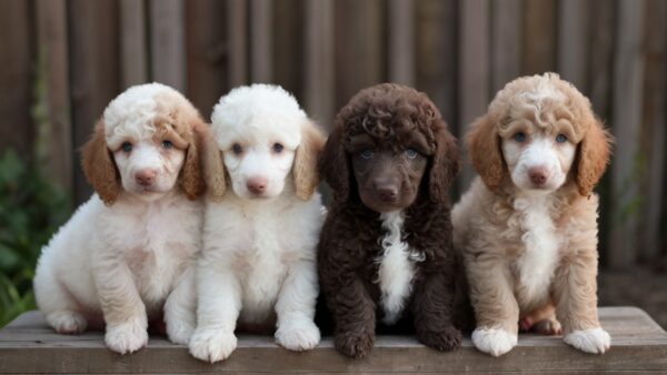 Four fluffy standard parti poodle puppies with curly fur are sitting on a wooden surface against a fence. From left to right, the puppies have cream, ivory, brown, and tan coats. They all have blue eyes and are looking directly at the camera, creating an adorable and heartwarming scene.