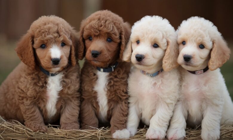 Four standard parti poodle puppies sit closely together in a row on a bed of straw. The two on the left are dark brown, while the two on the right are light cream colored. Each puppy wears a small collar and has a soft, curly coat. The background is softly blurred.