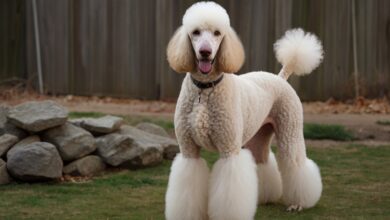 A well-groomed white standard poodle stud stands proudly in a backyard with a wooden fence and rocks in the background. The poodle has a fluffy tail and legs, with neatly trimmed fur on its body. It wears a collar and appears happy, with its tongue out and mouth open.