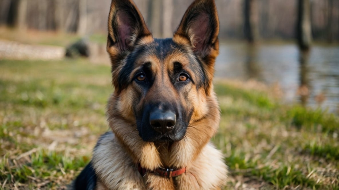 A German Shepherd with alert ears and a focused gaze sits on grassy terrain by a calm lake, with a blurred background of trees and foliage, epitomizing the attentive nature of the breed while highlighting the importance of monitoring for dog ear infections in German Shepherds.