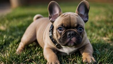 A small, brown French Bulldog puppy with large ears and a black collar is lying on the grass, looking attentively at the camera. The sunlight highlights the fine details of its fur and expressive eyes, showcasing one of the adorable French Bulldog puppies in all its cuteness.