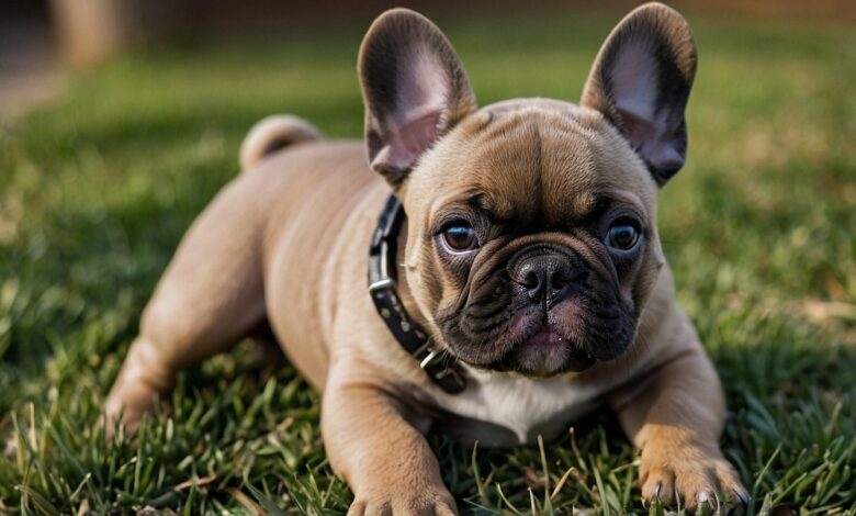 A small, brown French Bulldog puppy with large ears and a black collar is lying on the grass, looking attentively at the camera. The sunlight highlights the fine details of its fur and expressive eyes, showcasing one of the adorable French Bulldog puppies in all its cuteness.