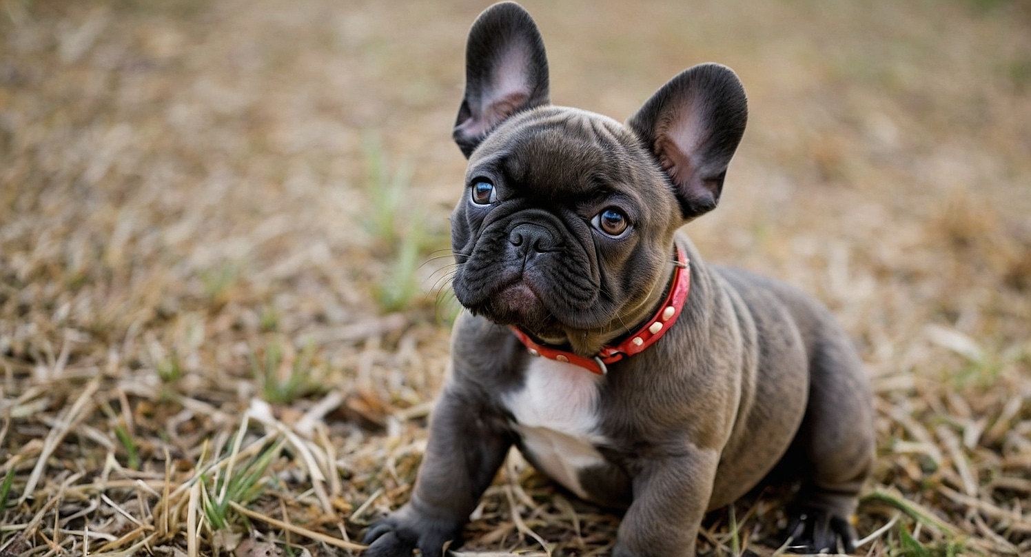 A small, brown French Bulldog puppy with large ears and expressive eyes sits on dry grass. The french bulldog puppies wears a red collar with silver studs. The background is slightly blurred, focusing attention on the adorable puppy.