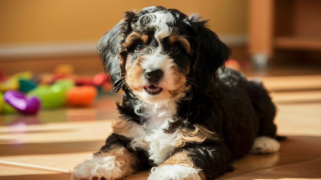 A fluffy Portuguese Water Dog Poodle Mix puppy with black, white, and brown curly hair lies on a wooden floor in a sunlit room, looking curiously at the camera. Colorful toys are scattered in the blurred background.