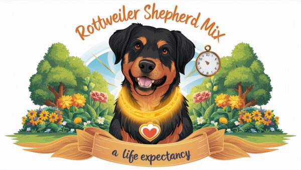 Illustration of a Rottweiler Shepherd Mix dog with a background of colorful flowers and trees. A stopwatch hangs near its head. The banner below reads "Life Expectancy." Text above the dog states "Rottweiler Shepherd Mix." The setting subtly hints at the dog's lifespan.