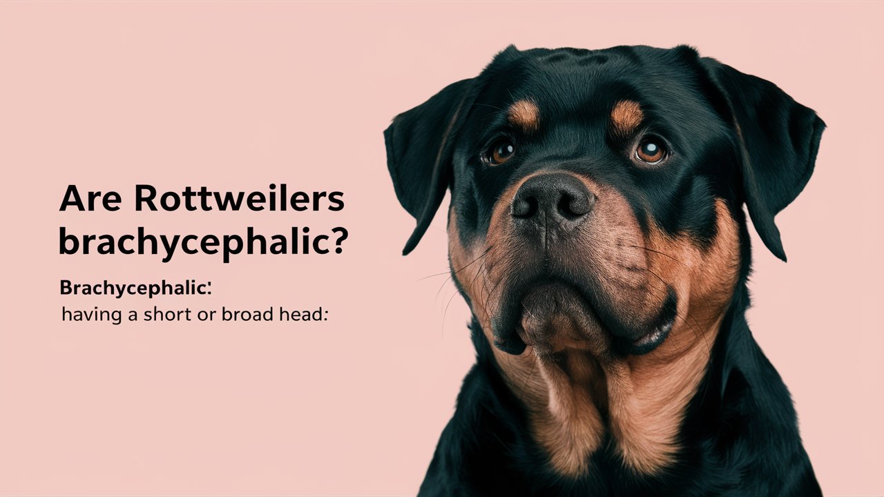 A Rottweiler sits against a light pink background with the text "Are Rottweilers Brachycephalic? Brachycephalic: having a short or broad head" displayed to the left of its thoughtful face. The dog has a black and tan coat, adding contrast to the soft backdrop. picture