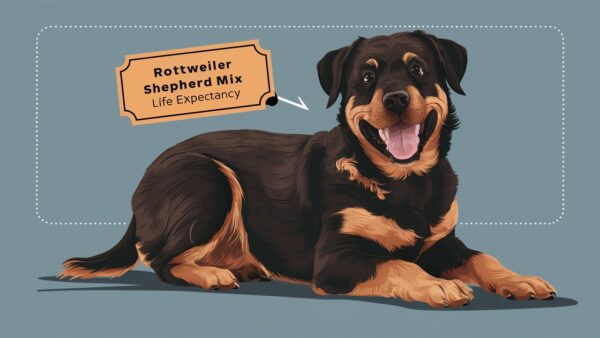 Illustration of a happy, sitting dog with a black and brown coat. A speech bubble above the cheerful pup reads, "Rottweiler Shepherd Mix Life Expectancy." The background is a muted blue, highlighting the dog's wide smile and bright eyes.