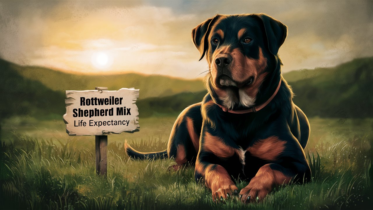 A Rottweiler Shepherd Mix dog lies down on grassy terrain at sunset, with mountains in the background. A wooden sign next to the alert dog wearing a collar reads "Rottweiler Shepherd Mix Life Expectancy.