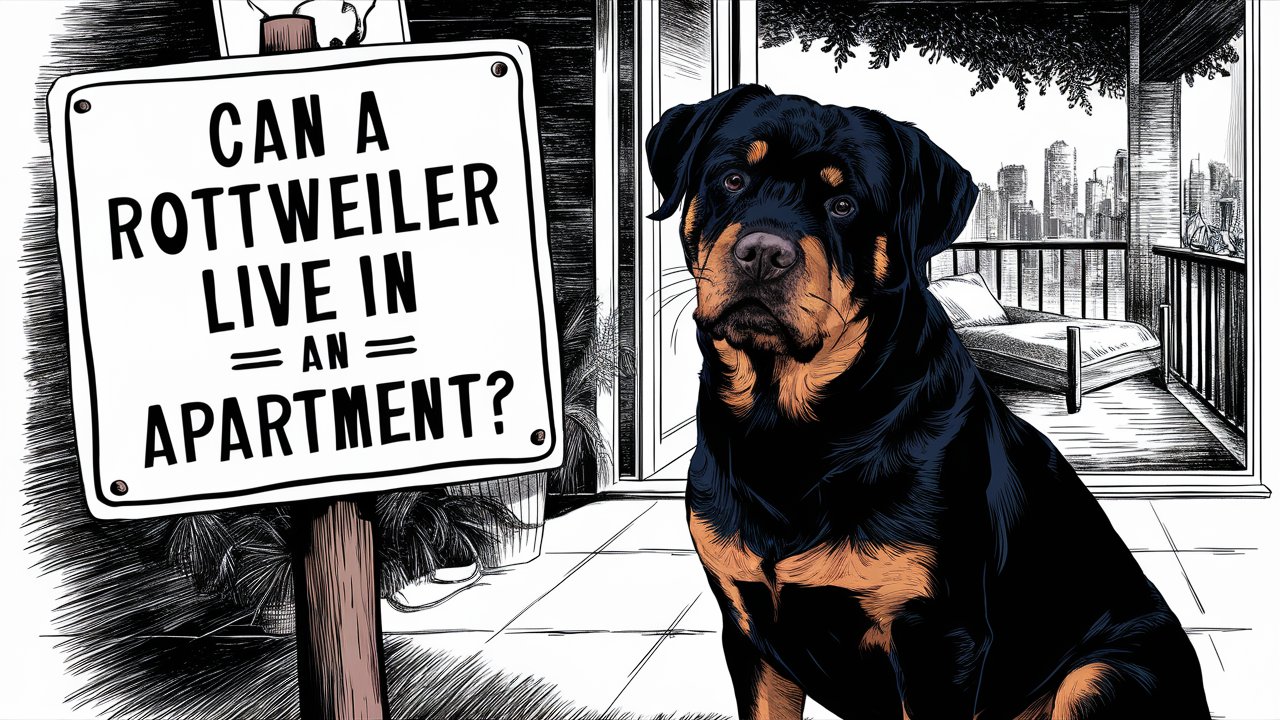 Illustration of a Rottweiler sitting on a balcony, next to a sign asking, "Can a Rottweiler Live in an Apartment?" The background shows a partial view of a cityscape and a lounge chair on the balcony, suggesting an urban setting.