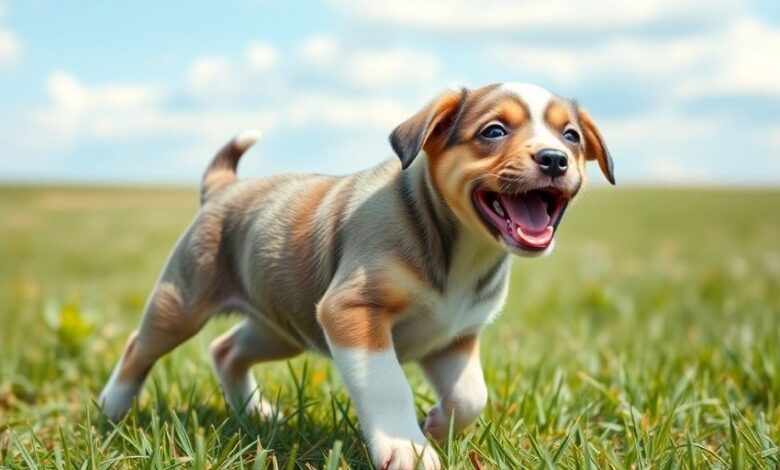 Healthy puppy playing in a grassy field.