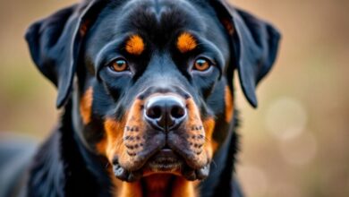 Close-up of a serious Rottweiler dog.