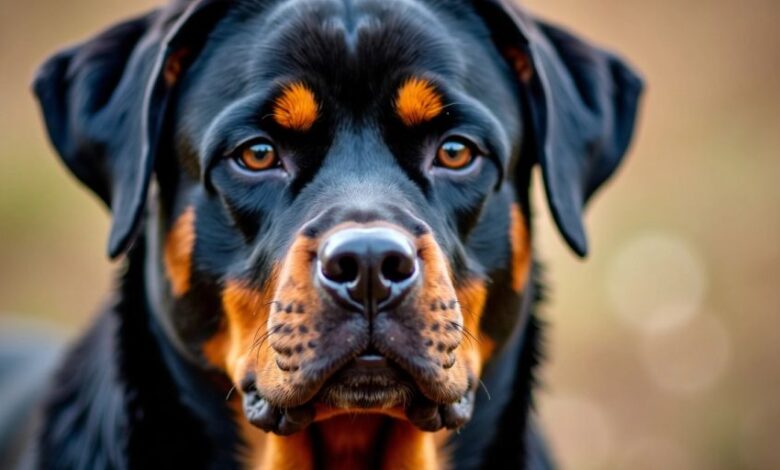 Close-up of a serious Rottweiler dog.