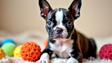 Playful Boston Terrier puppy on a soft blanket.