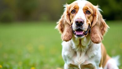 Clumber Spaniel in a grassy field, looking healthy.