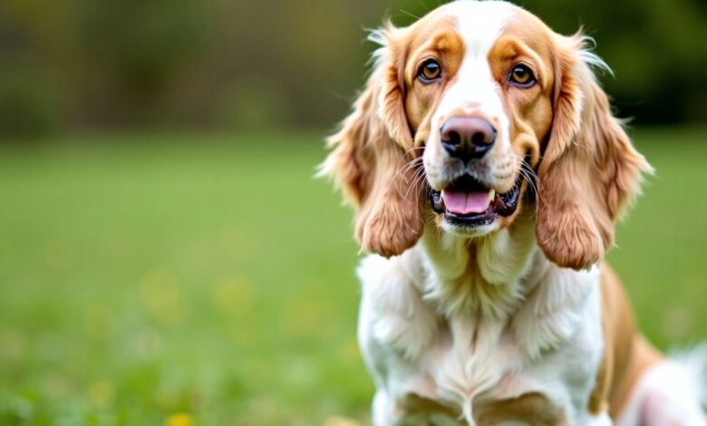 Clumber Spaniel in a grassy field, looking healthy.