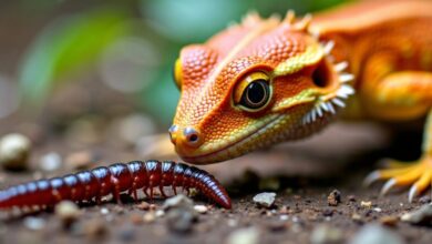 Bearded dragon with a nightcrawler on the ground.