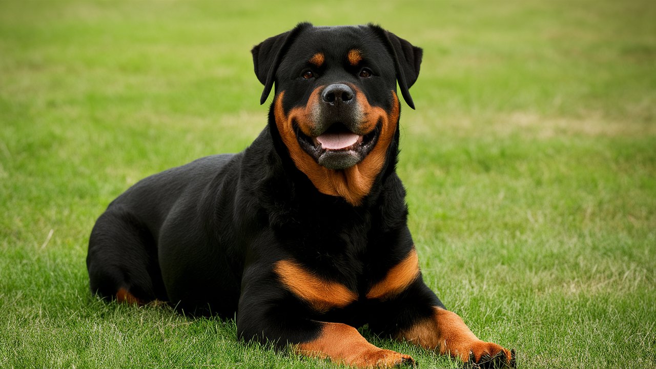 A Rottweiler is lying on a grassy field, its shiny black coat with tan markings gleaming in the sunlight. With a relaxed expression and mouth slightly open, it appears almost to be smiling. Wondering "Are Rottweilers Brachycephalic?" This one’s majestic look suggests otherwise. The backdrop is a lush green lawn. picture