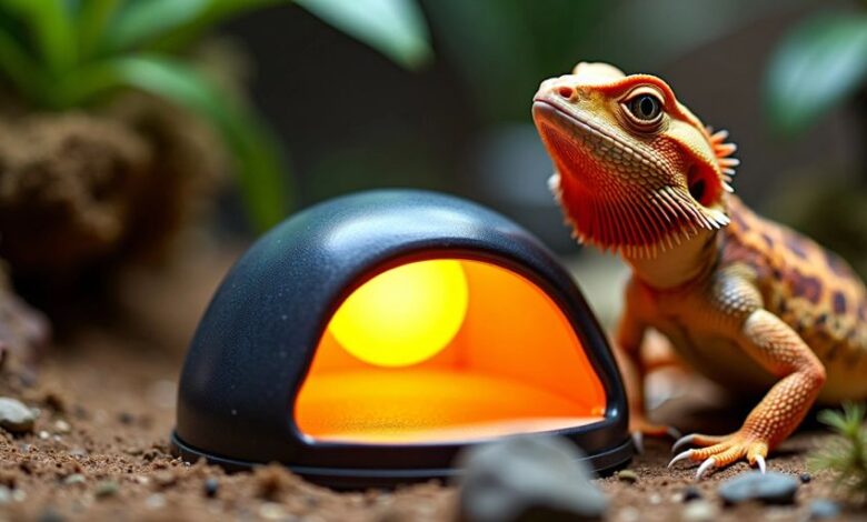 Ceramic heat emitter for bearded dragons in terrarium.