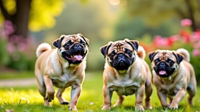 Playful pugs in a sunny park, ready for adoption.