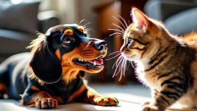 Dachshund and cat playing together in a cozy room.