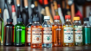 Bottles of fishing oils on a wooden table.