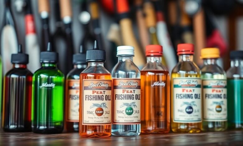 Bottles of fishing oils on a wooden table.