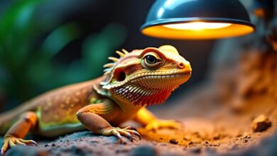 Basking bulb above a bearded dragon in its habitat.