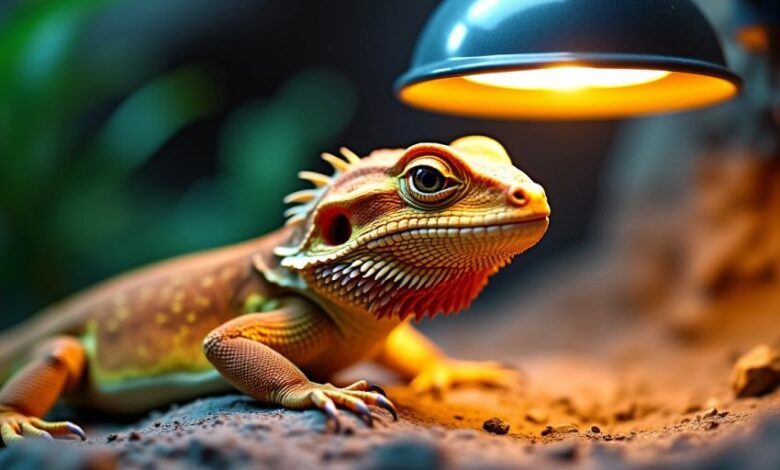 Basking bulb above a bearded dragon in its habitat.