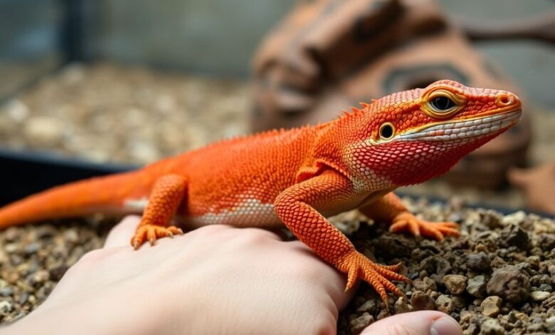 Red morph bearded dragon on a hand for size comparison.