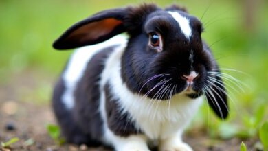 Magpie Holland Lop rabbit with black and white fur.