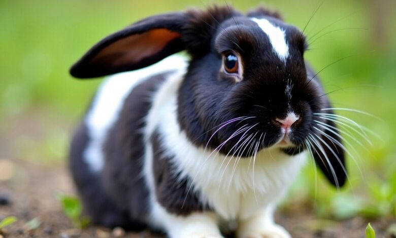 Magpie Holland Lop rabbit with black and white fur.