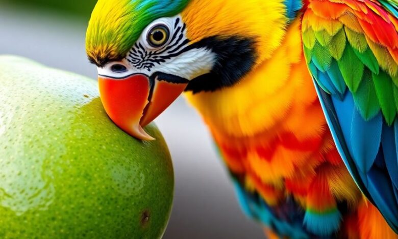 Parrot examining a ripe avocado on a wooden surface.