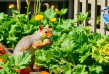 Squirrel and blue jay in a vegetable garden.