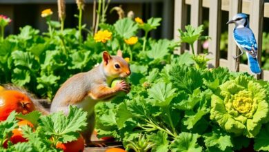 Squirrel and blue jay in a vegetable garden.