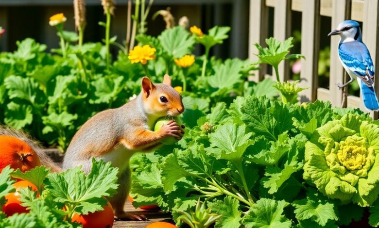 Squirrel and blue jay in a vegetable garden.