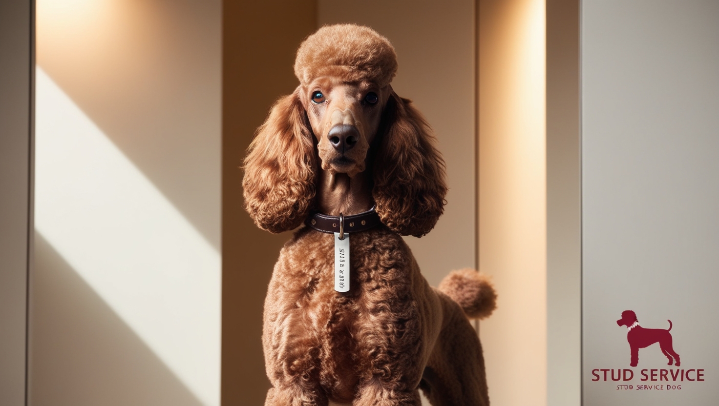 A well-groomed male poodle with a stylish haircut stands in a well-lit room. The dog wears a collar with a tag engraved "STUD SERVICE." The background features light-colored walls and a logo of a dog with the text "STUD SERVICE" in the bottom right corner for a male poodle stud service