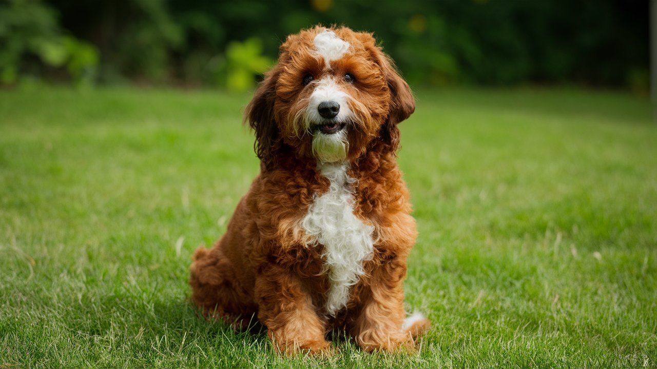 A fluffy dog with curly, reddish-brown fur and white patches on its chest and muzzle sits on a grassy lawn with greenery in the background. The Portugese Water Dog Poodle Mix has a friendly expression and slightly tilted head.