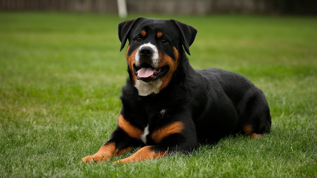 A black and brown Rottweiler with white markings on its chest and face is lying on a green grass lawn. The dog has floppy ears and is looking directly at the camera with its mouth open and tongue slightly out, appearing happy and content.